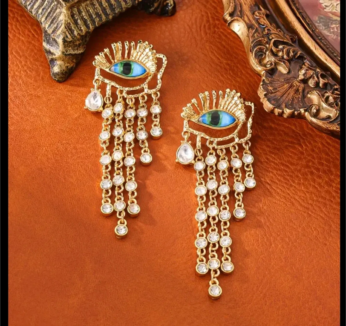 Schiaparelli Inspired Gold Eye Dangle Earrings