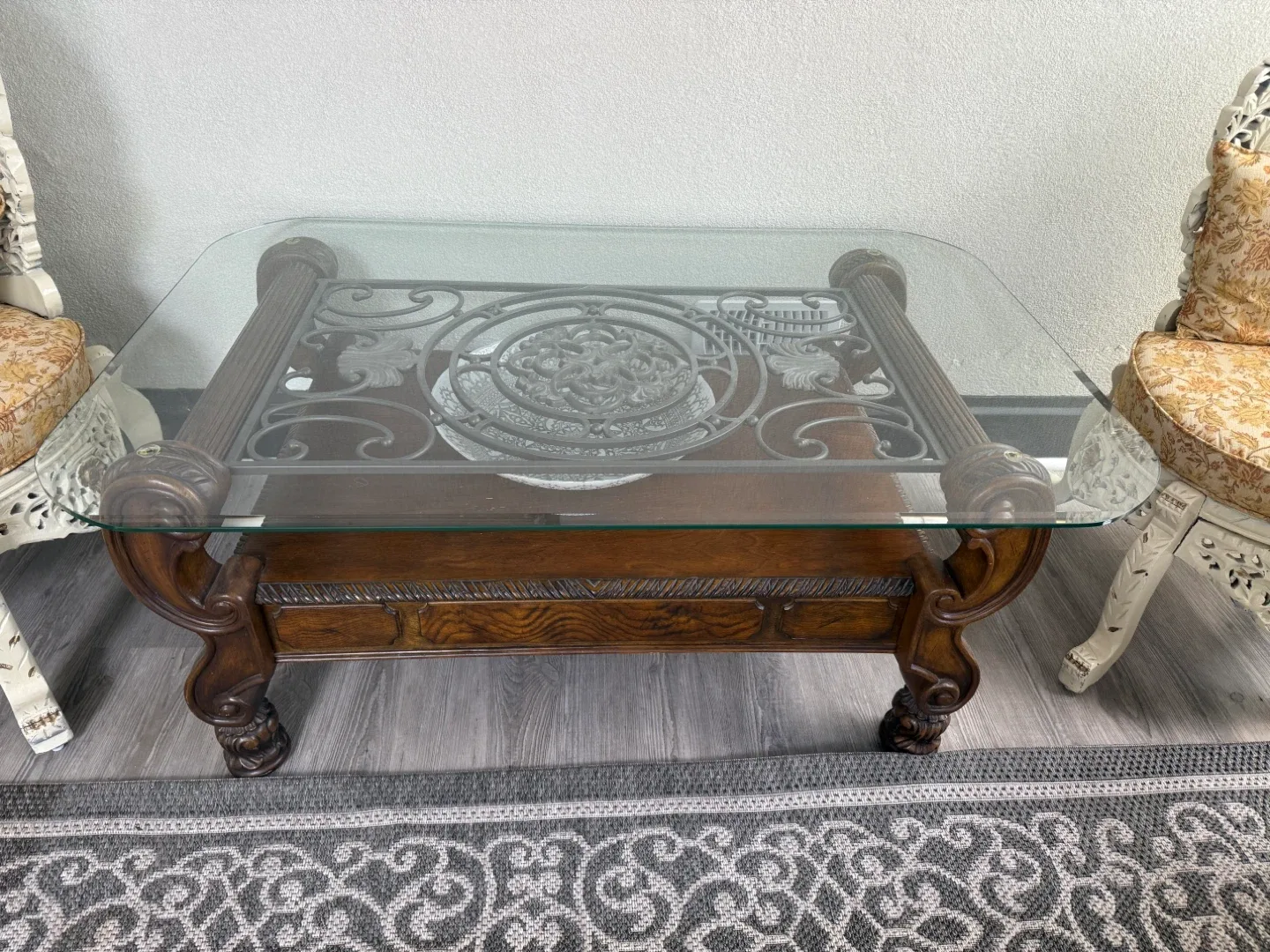 Glass Top Coffee Table with Ornate Metal Base image indicator(3)