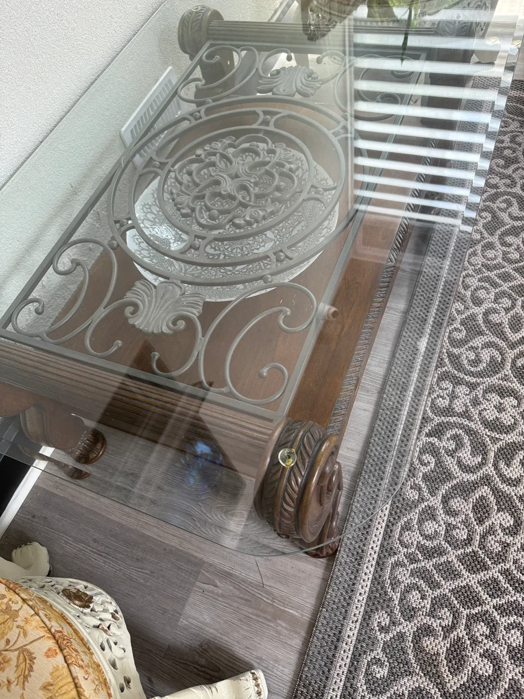 Glass Top Coffee Table with Ornate Metal Base image indicator(4)