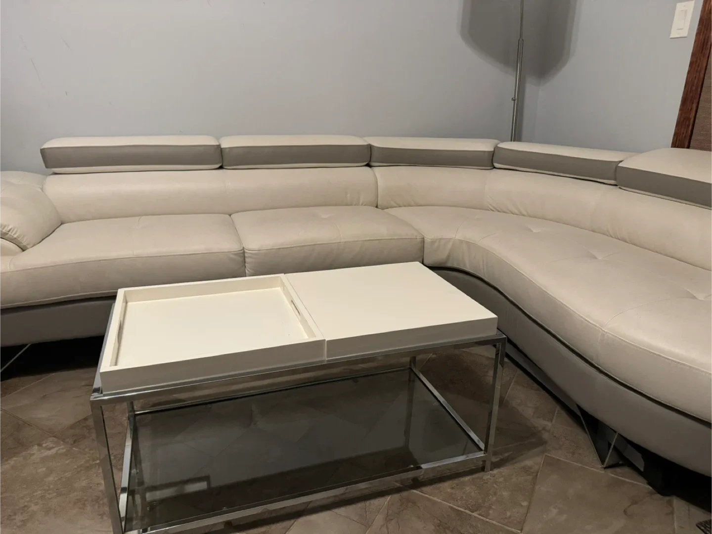 White Leather Sectional Sofa and coffee table image indicator(2)