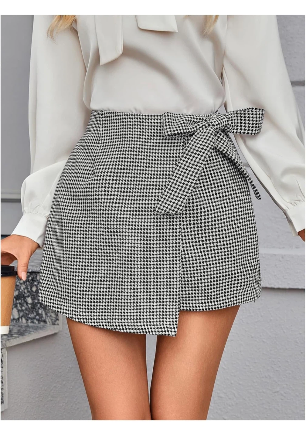 Houndstooth Wrap Mini Skirt/Short with Tie - photo 3