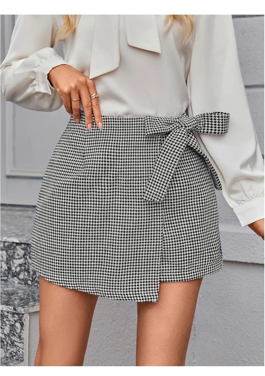 Houndstooth Wrap Mini Skirt/Short with Tie - photo 5