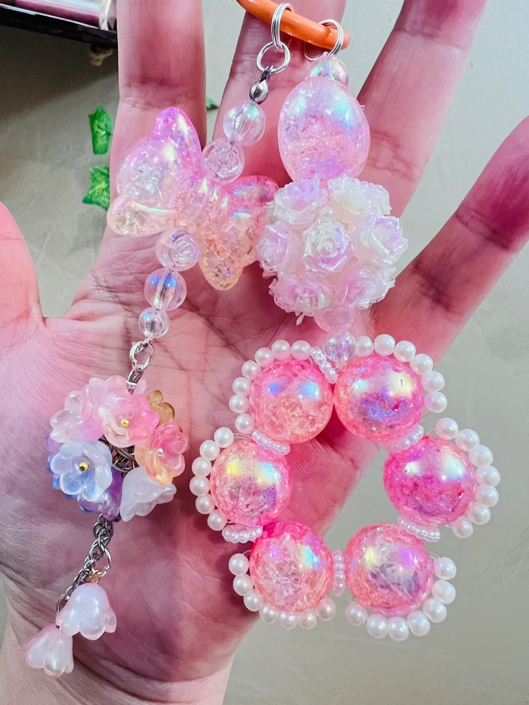 Handmade Flower Ball and Beaded  Pendant- Pink & Pearl