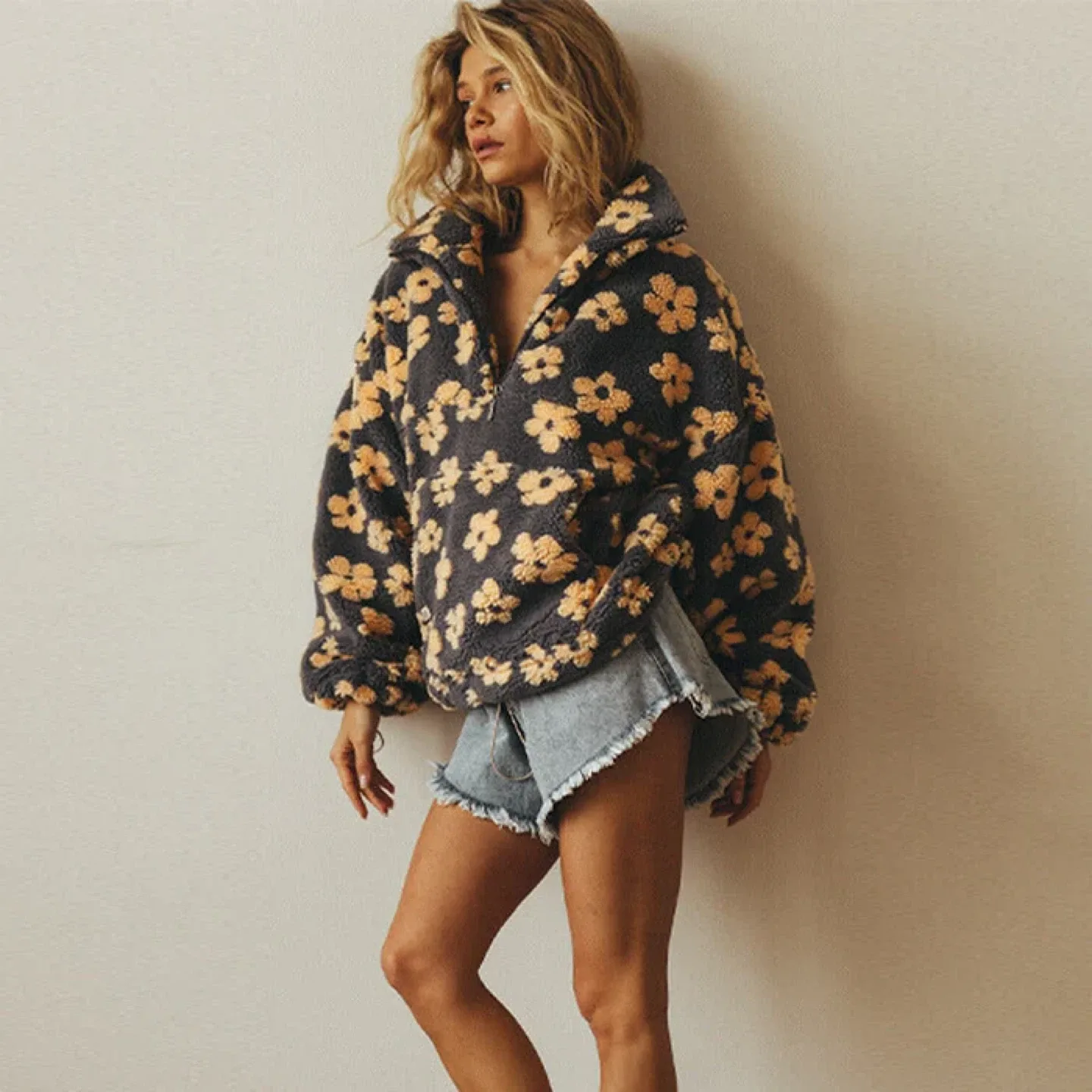 Floral Print Long Sleeve Fleece Hoodie