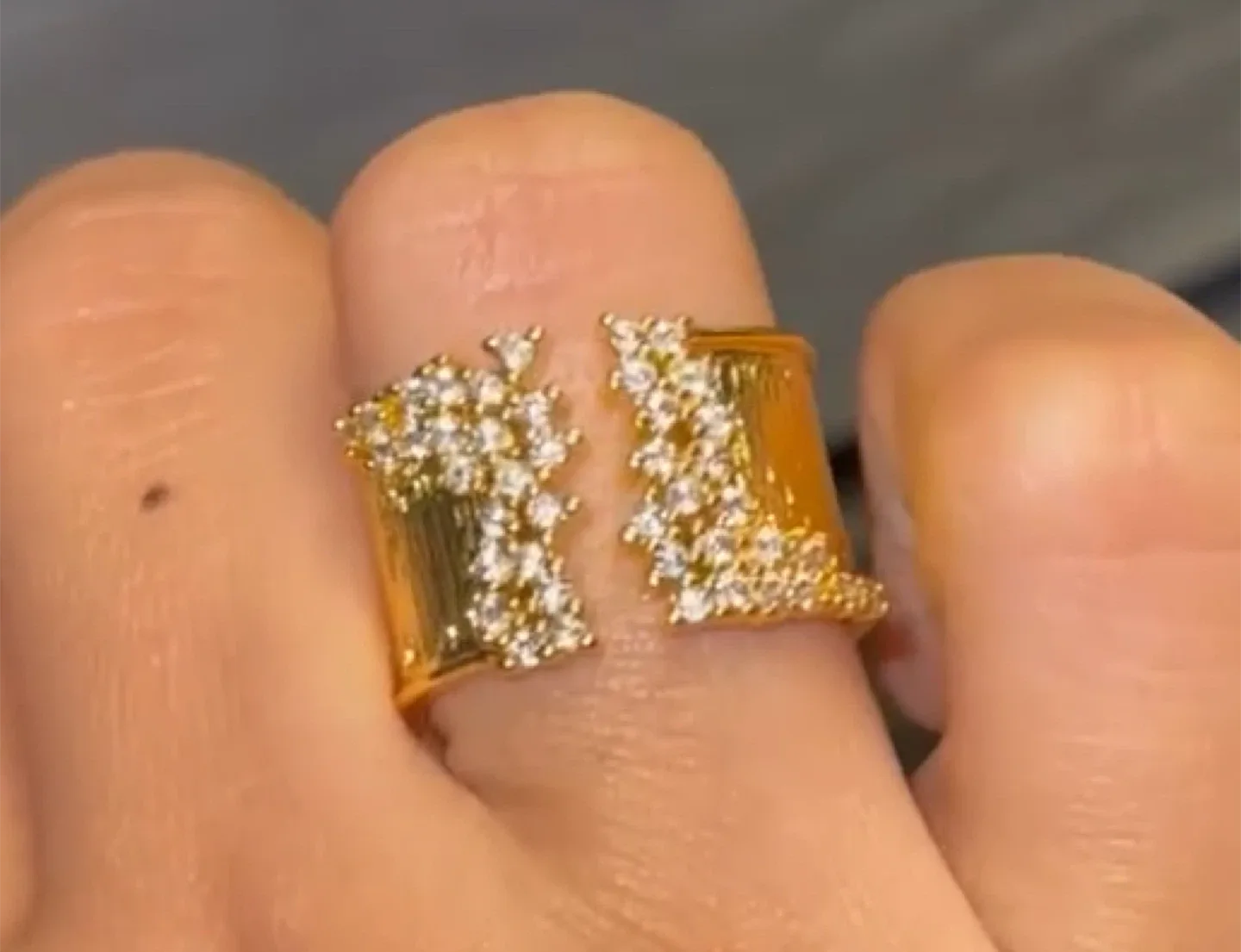 Gold Tone Open Cuff Ring with Rhinestones image indicator(4)