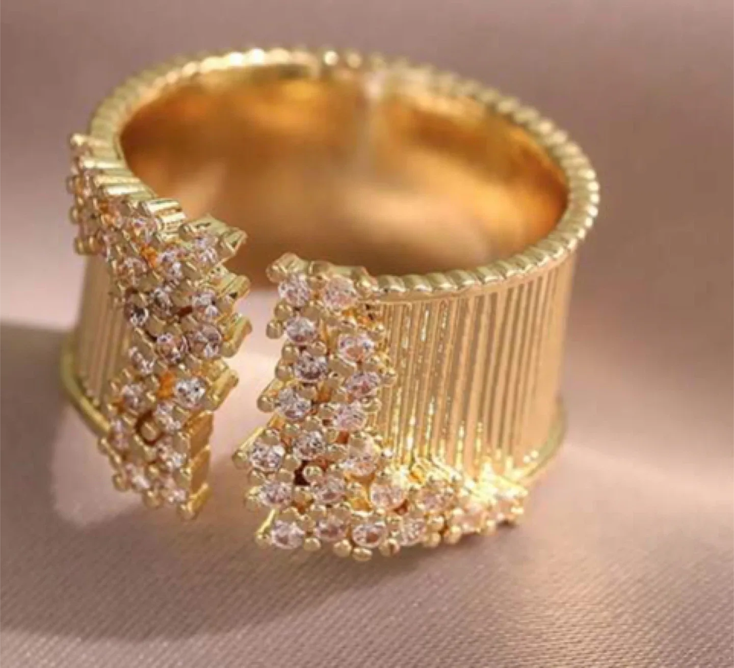 Gold Tone Open Cuff Ring with Rhinestones thumbnail