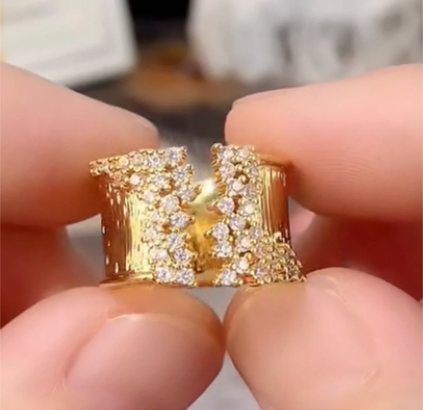 Gold Tone Open Cuff Ring with Rhinestones image indicator(5)