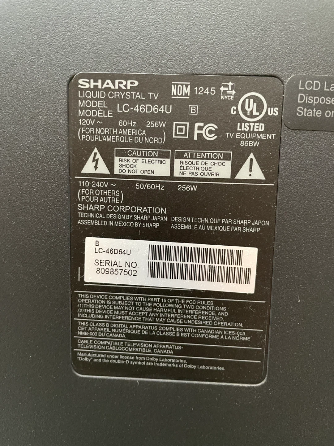 Sharp Aquos LC-46D64U 46" LCD TV - photo 2