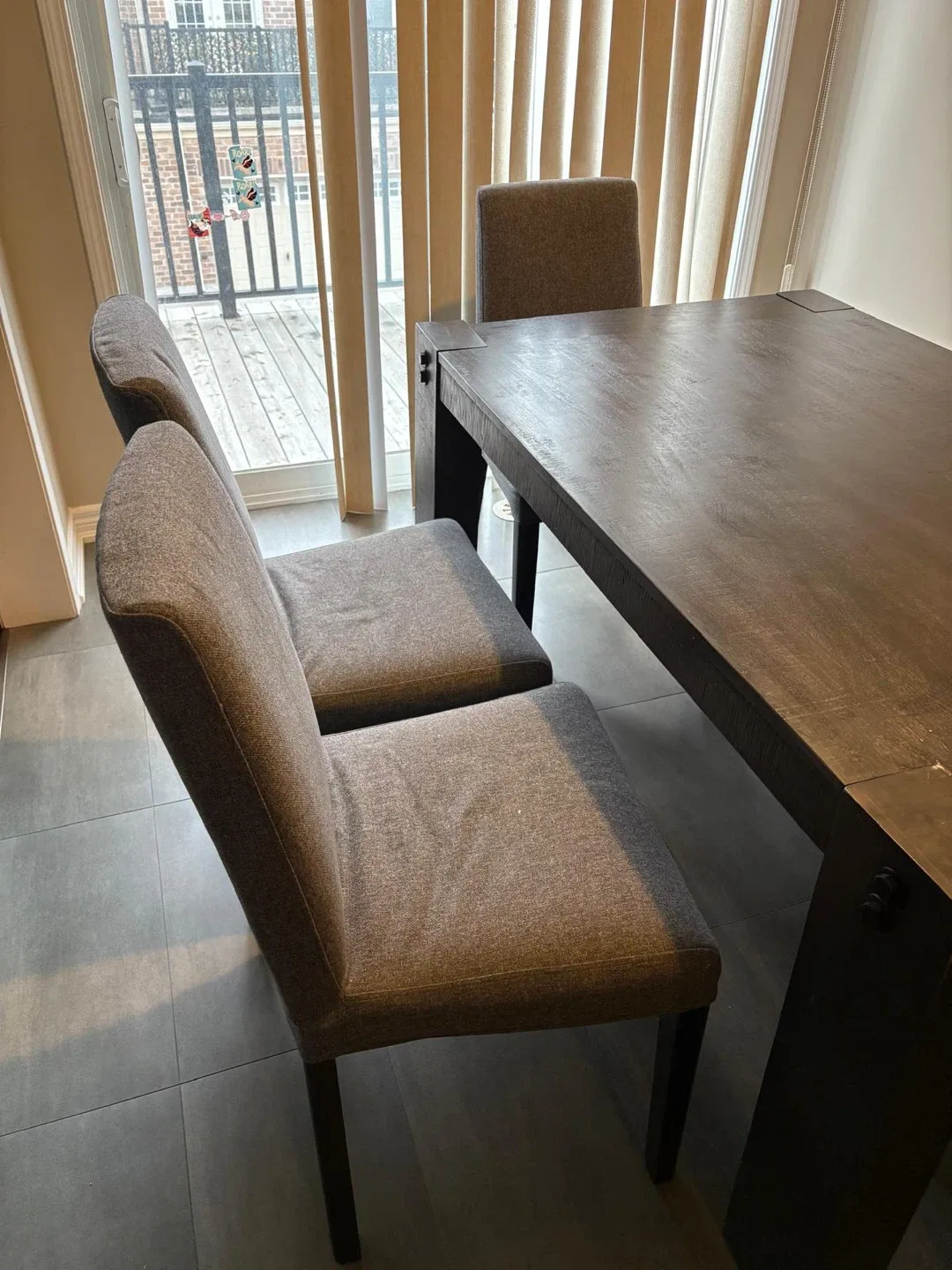 Dining Table with 6 Chairs - Dark Wood & Grey Fabric image indicator(3)