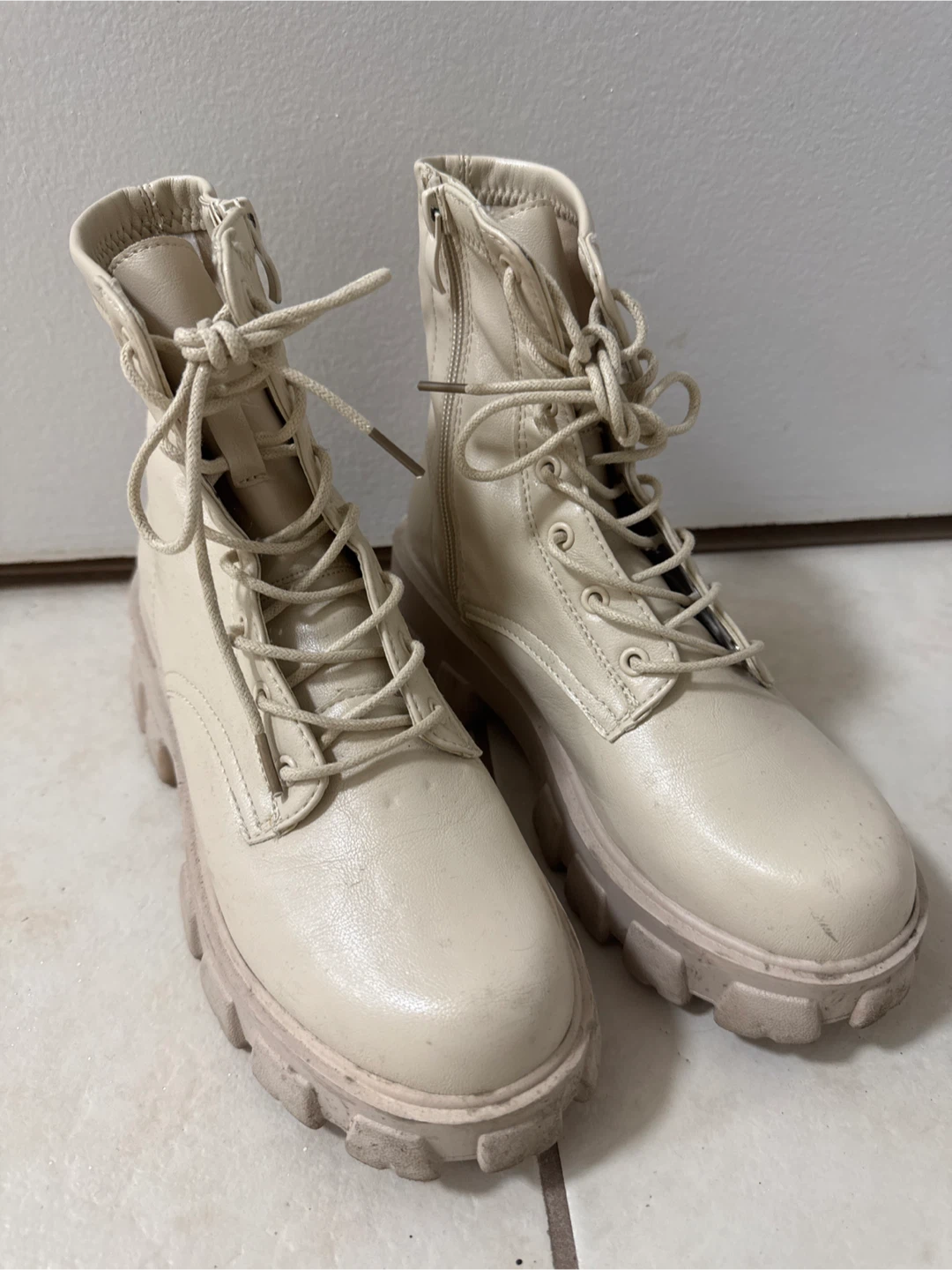 Beige Lace-Up Chunky Ankle Boots
