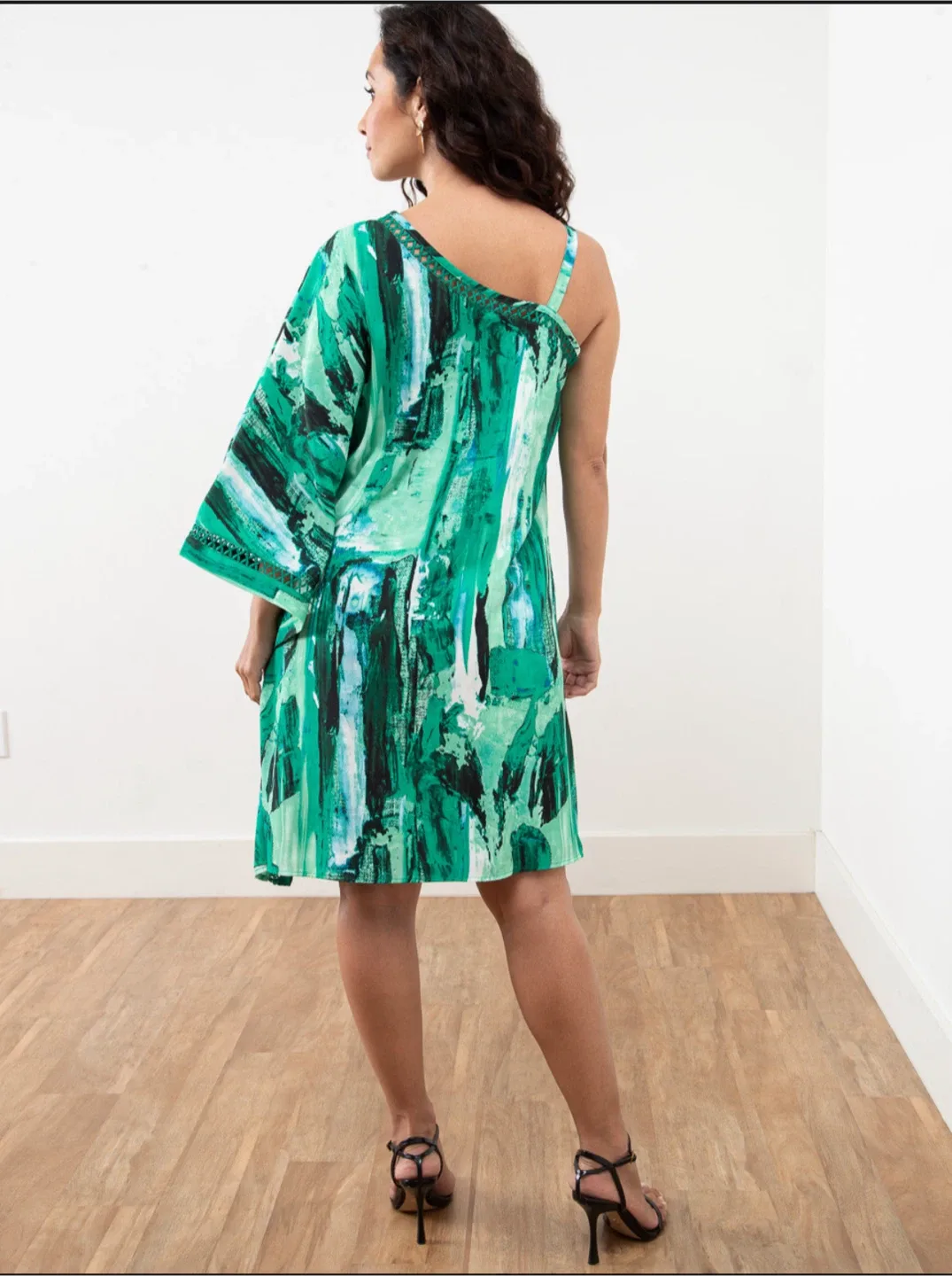 Green Abstract Print One-Shoulder Dress NWT image indicator(2)