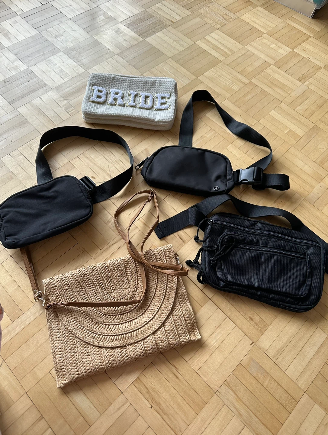 Assorted Bags: Straw Crossbody & Black Belt Bags