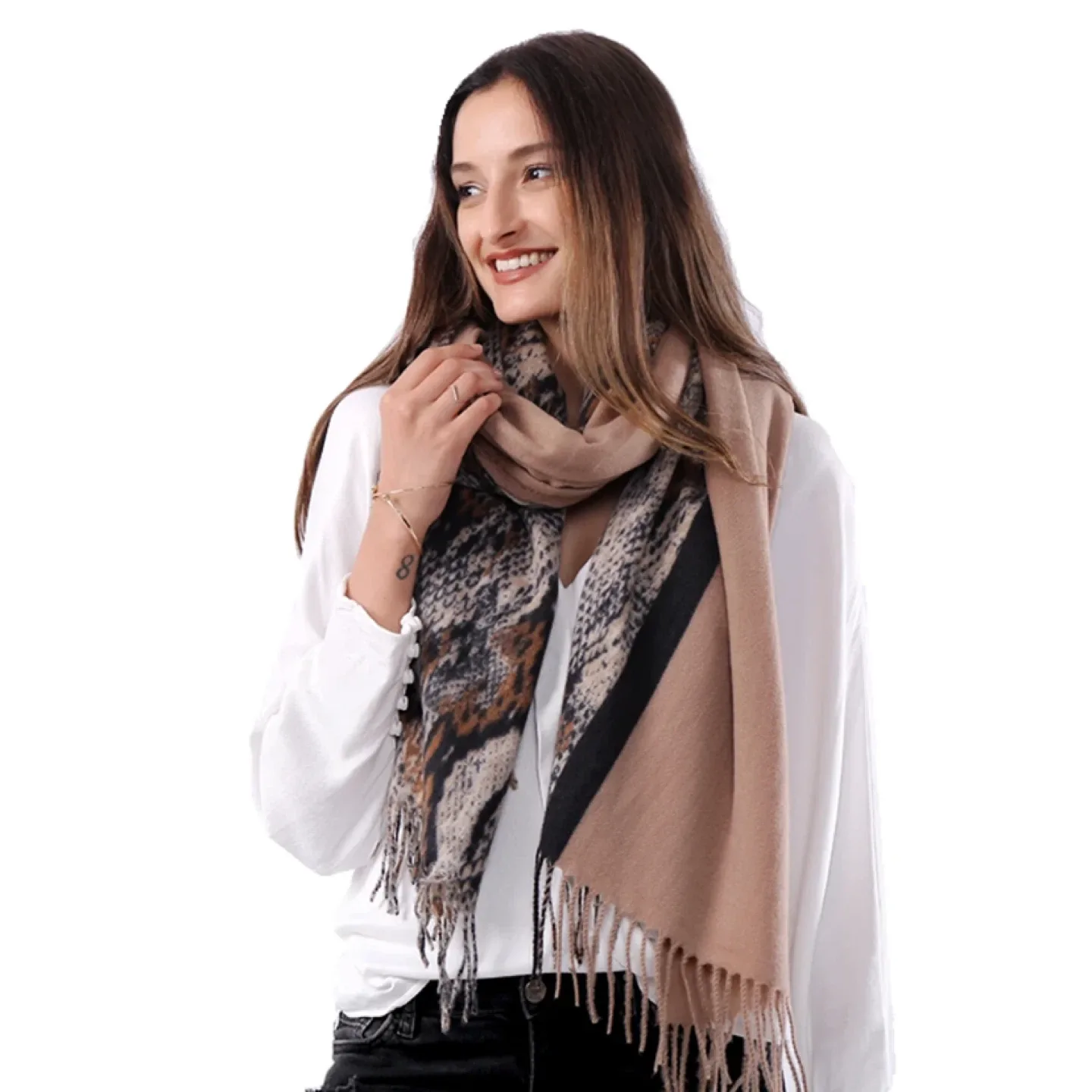 Snakeskin Print Scarf - Tan/Brown & Black