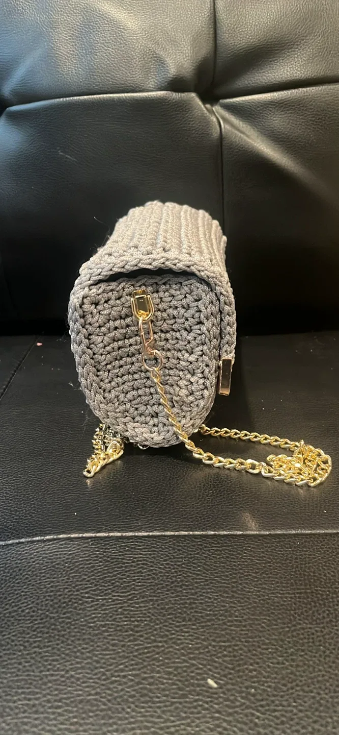 Handmade Grey Crochet Clutch with Gold Chain image indicator(2)