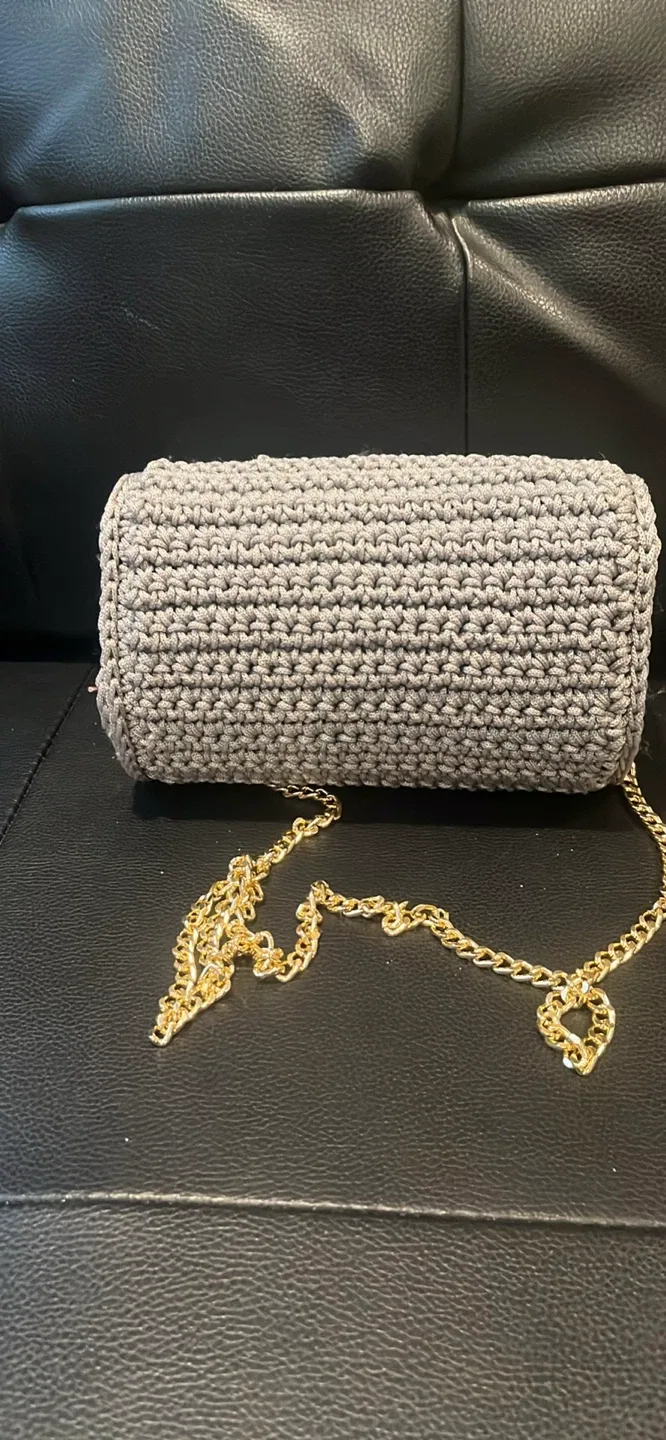 Handmade Grey Crochet Clutch with Gold Chain image indicator(3)