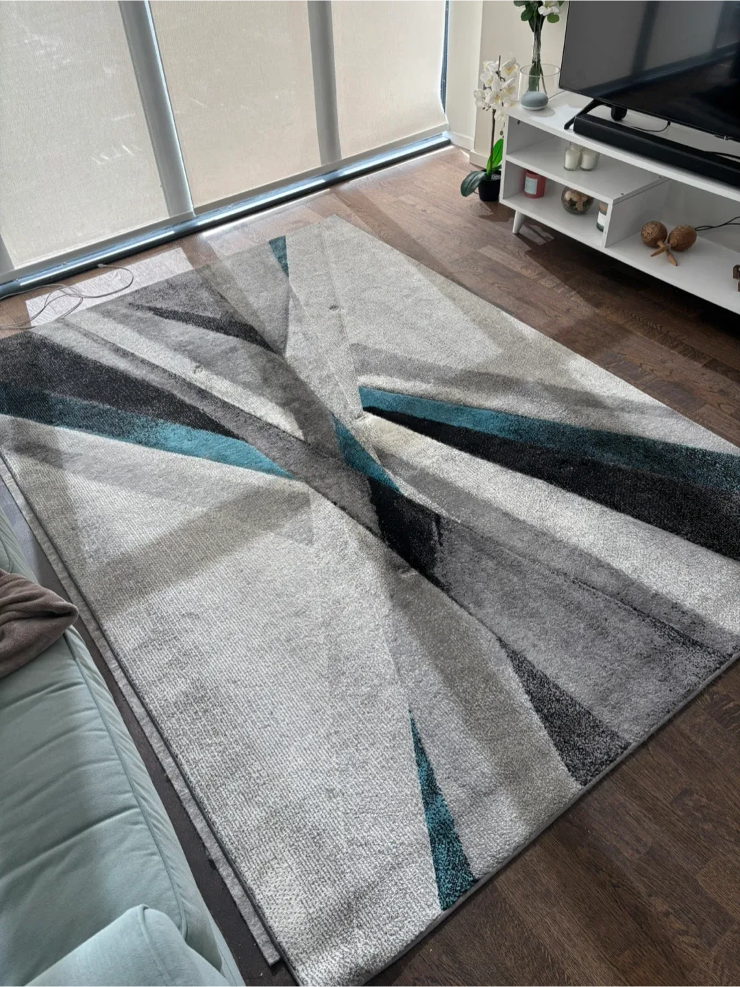 Abstract area rug grey/teal; free rug pad thumbnail
