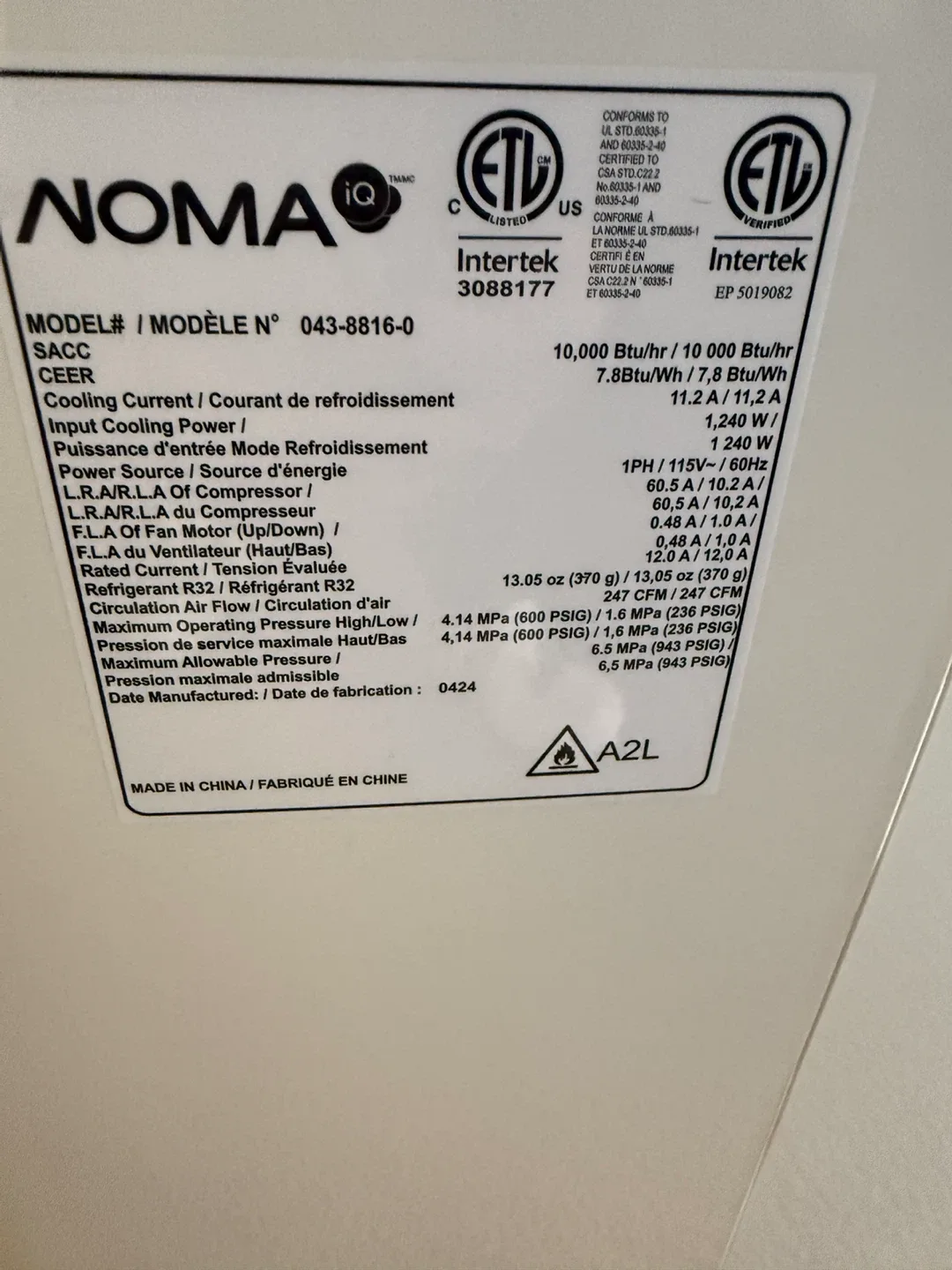 NOMA Portable Air Conditioner - Model 043-8816-0 image indicator(3)
