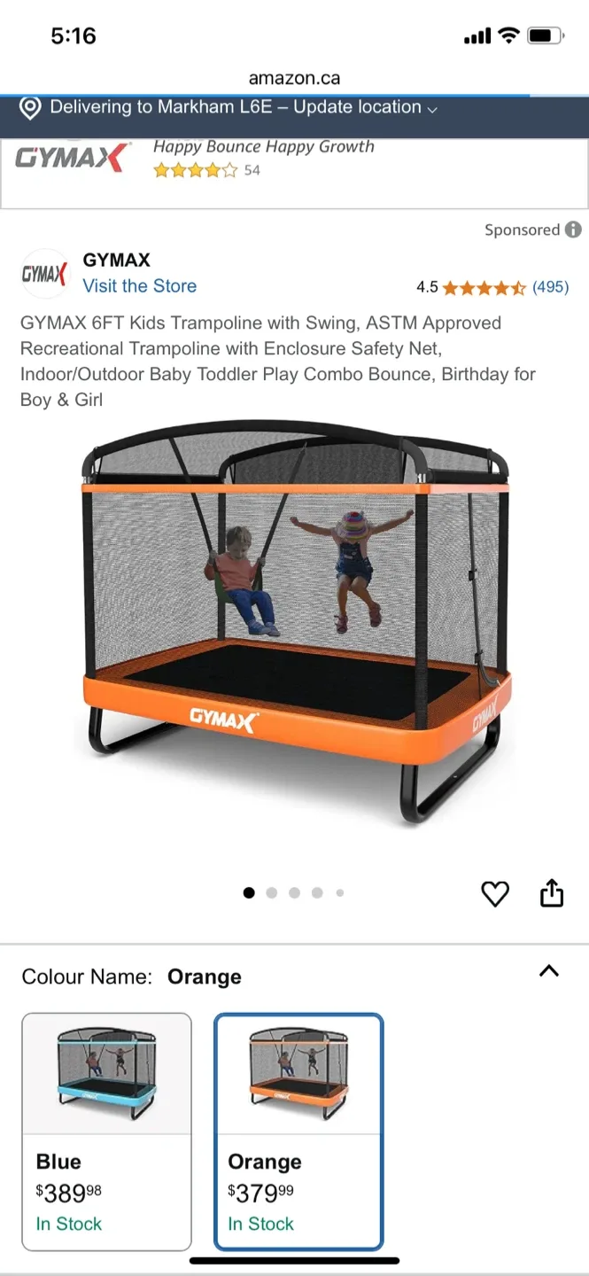 GYMAX 6FT Kids Trampoline with Swing - Orange image indicator(4)