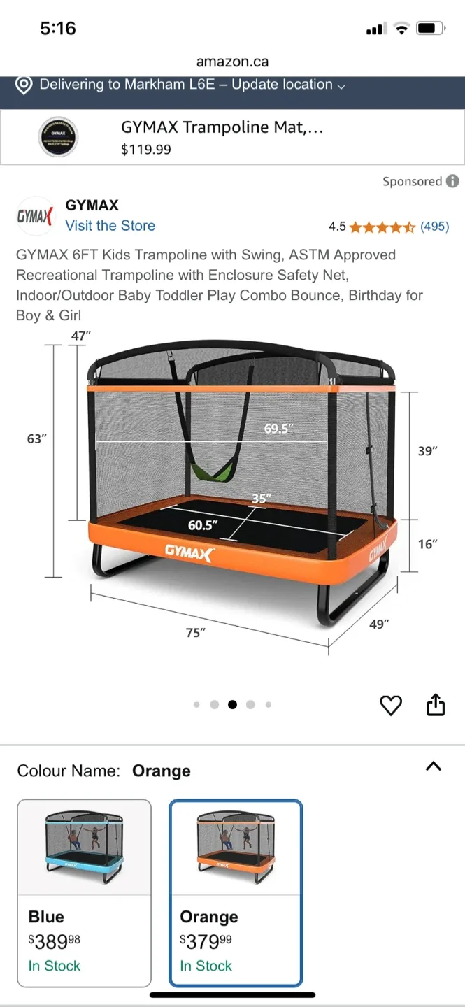 GYMAX 6FT Kids Trampoline with Swing - Orange image indicator(3)