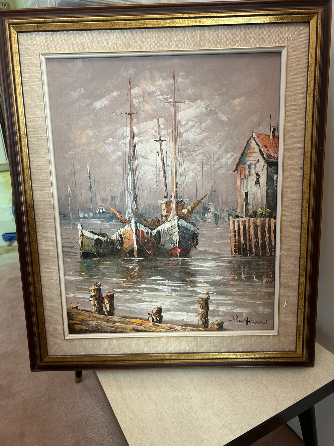 Vintage Framed Painting - Harbour Scene