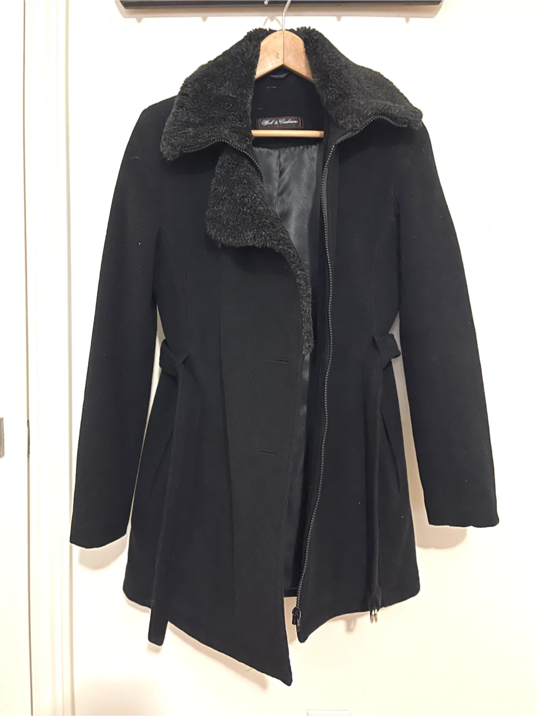Black Wool Blend Coat with Faux Fur Collar - photo 2