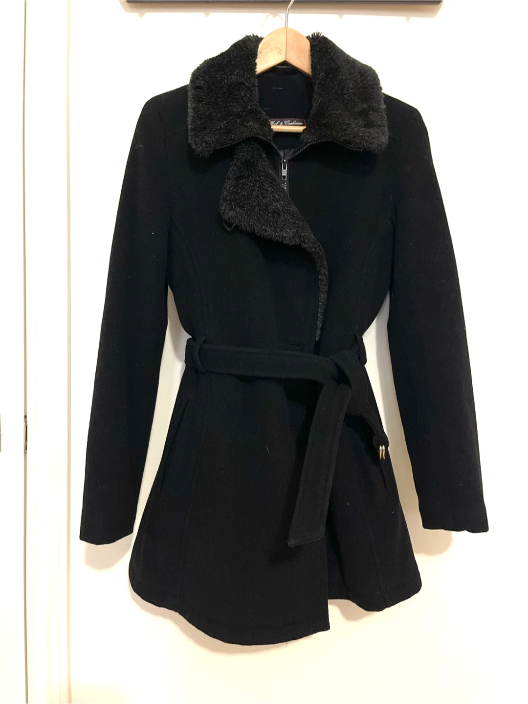Black Wool Blend Coat with Faux Fur Collar