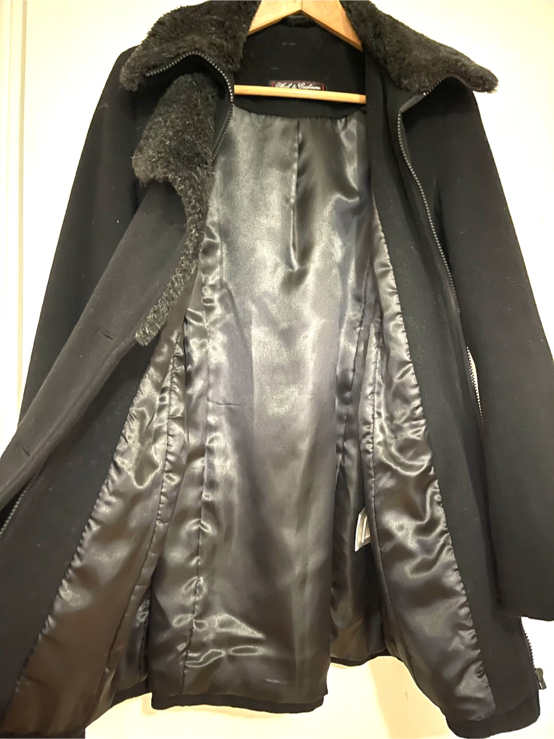 Black Wool Blend Coat with Faux Fur Collar - photo 3
