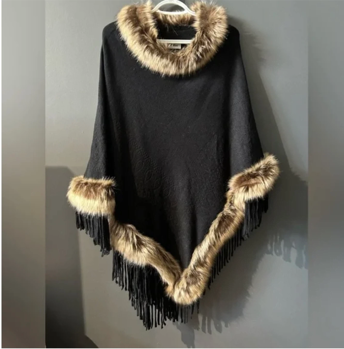 Cherie Bliss Black Poncho with Faux Fur Trim