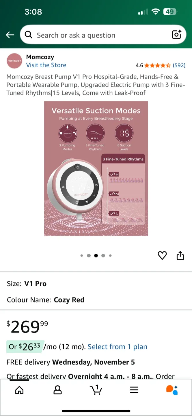 New open box- Momcozy V1 Pro Breast Pump - Cozy Red image indicator(3)