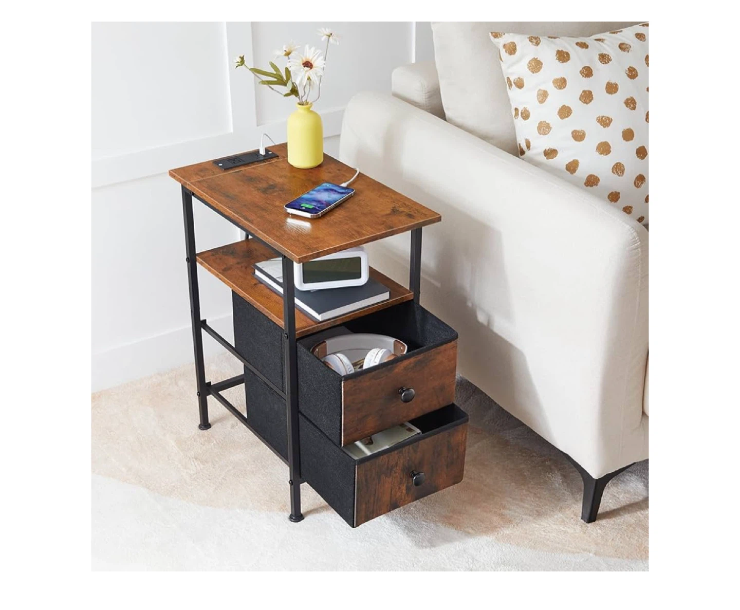 End Table with Charging Station & Fabric Drawers - photo 2