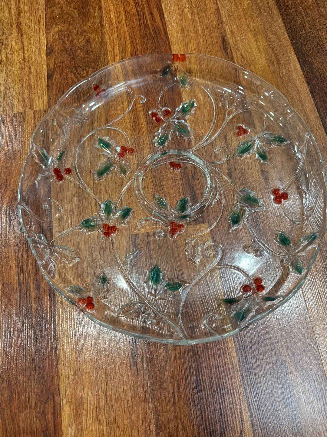 Clear Glass Serving Platter with Holly Design