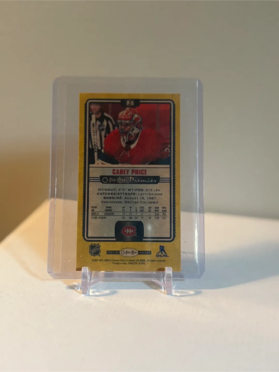 Carey Price 2021-22 O-Pee-Chee Premier Hockey Card image indicator(2)