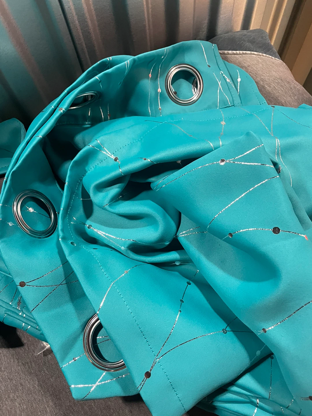 Teal Curtain with Silver Design