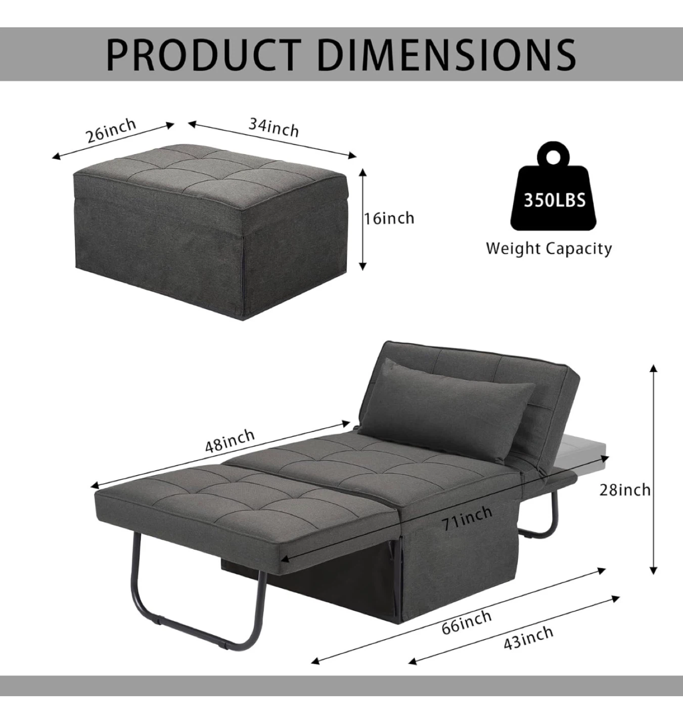 Convertible Ottoman Sleeper Bed - Grey - photo 2