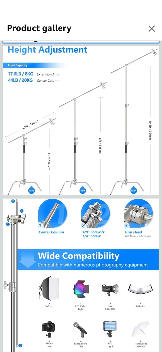 NEEWER Pro 100% Stainless Steel Heavy Duty C Stand with Boom Arm image indicator(2)