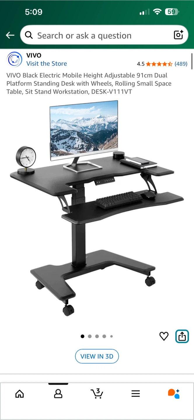 VIVO Black Electric Mobile Height Adjustable Standing Desk