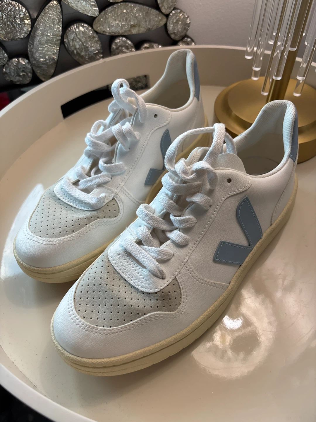 Veja V-10 Leather Sneakers - White/Blue - photo 4