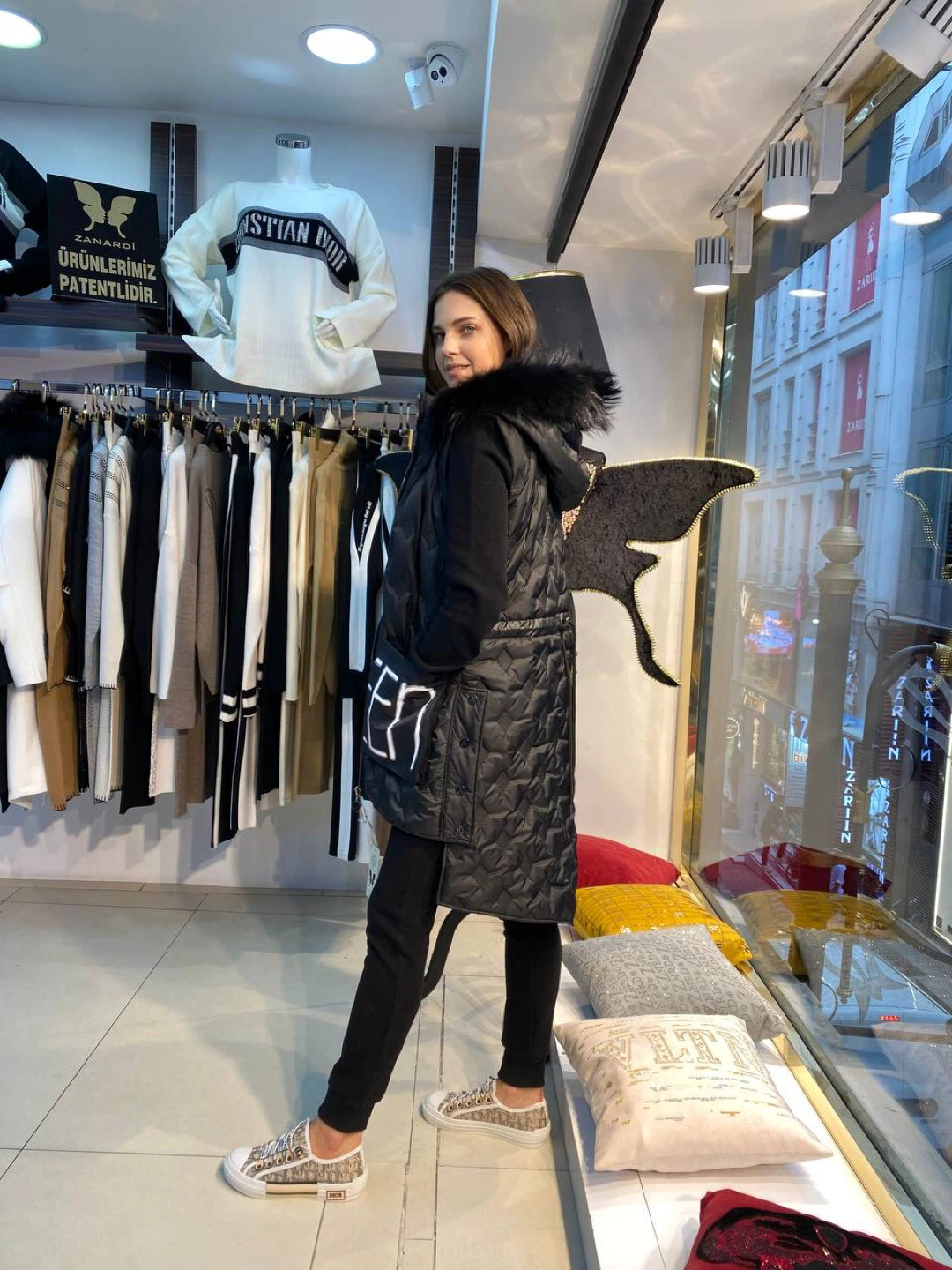 Black Quilted Vest with Faux Fur Hood and pants