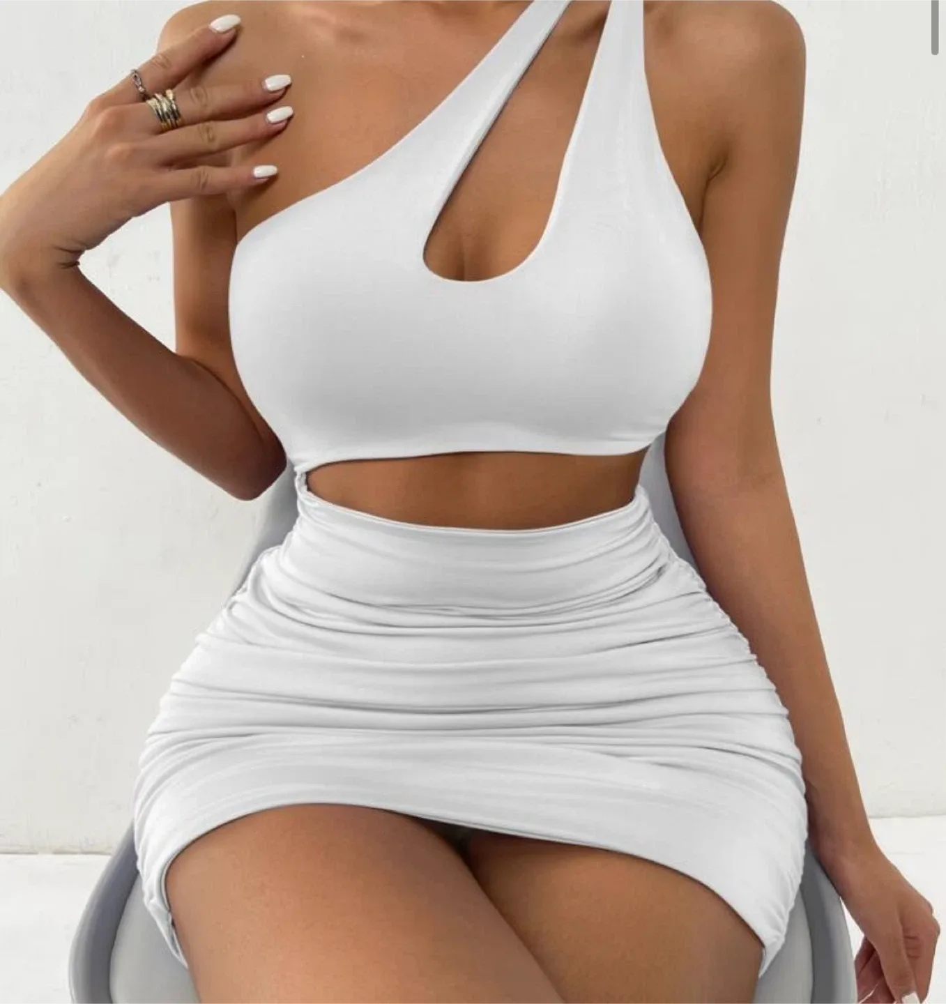 White One Shoulder Ruched Mini Dress thumbnail