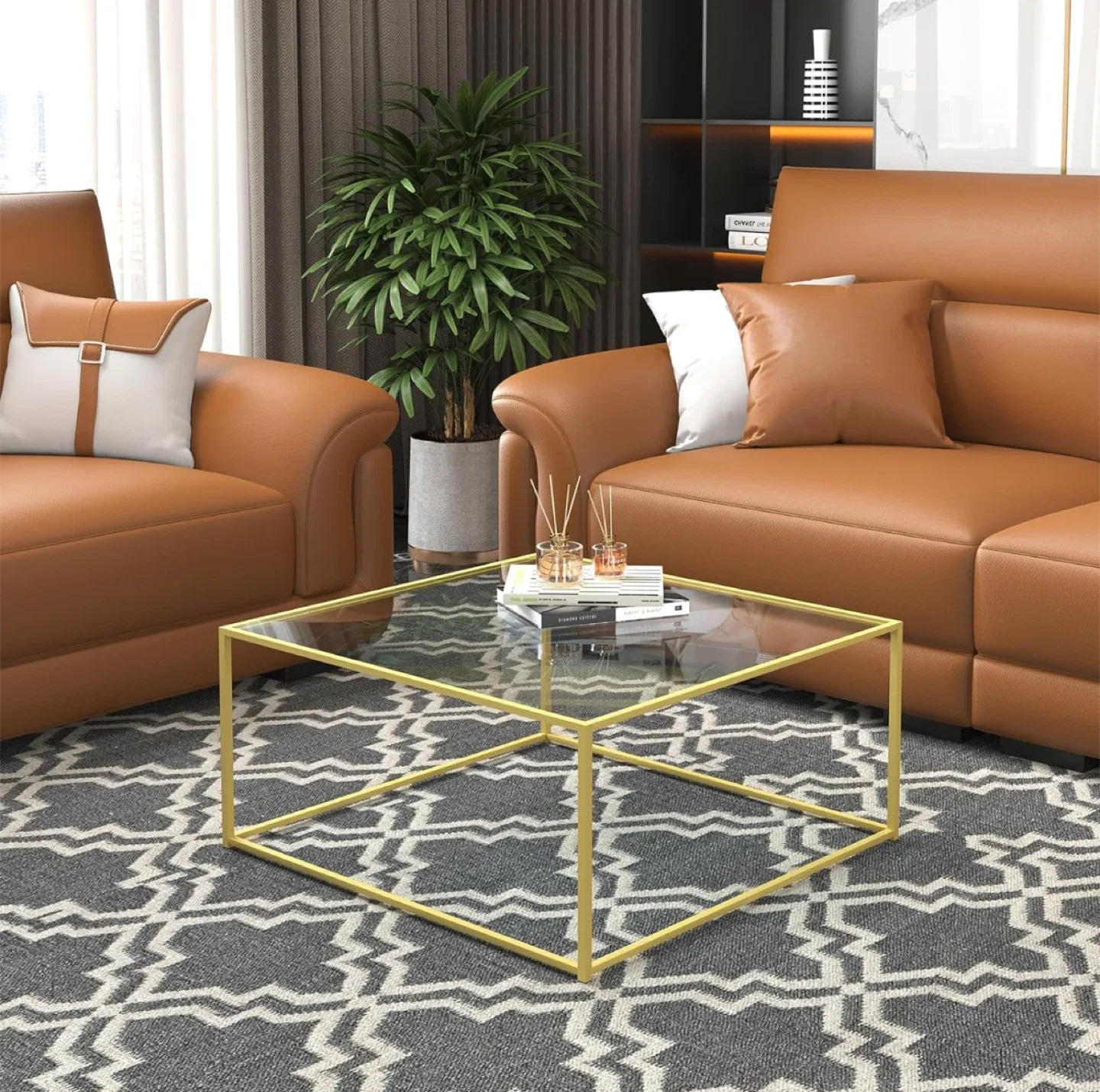 Gold Frame Glass Coffee Table - 26.4" Square image indicator(2)