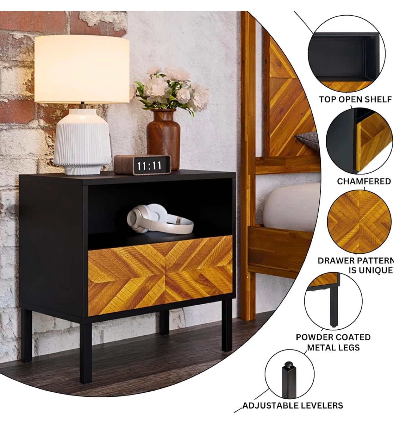 Bme Vivian Nightstand - Black/Wood Accent