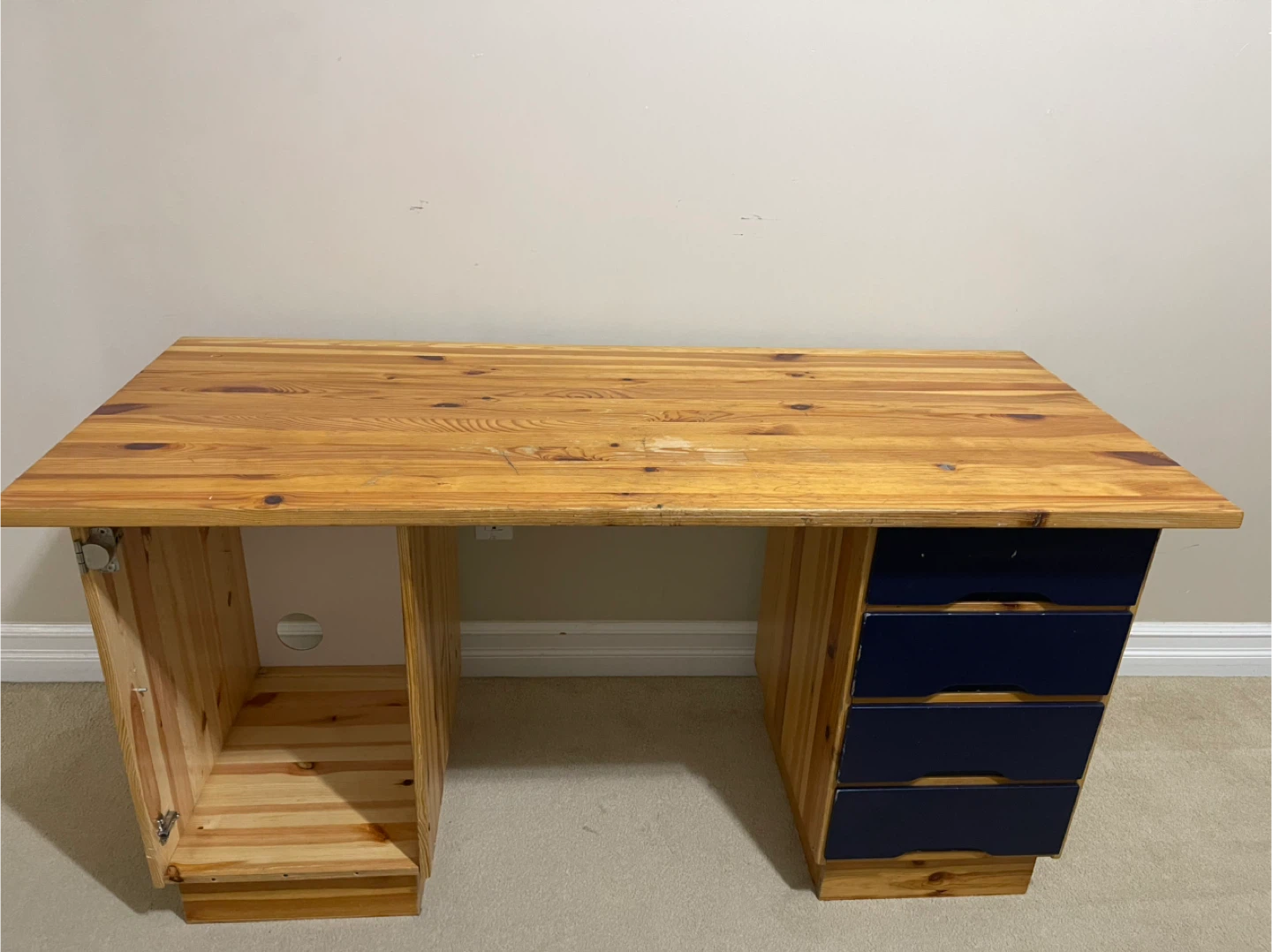 Wooden Desk with Blue Drawers