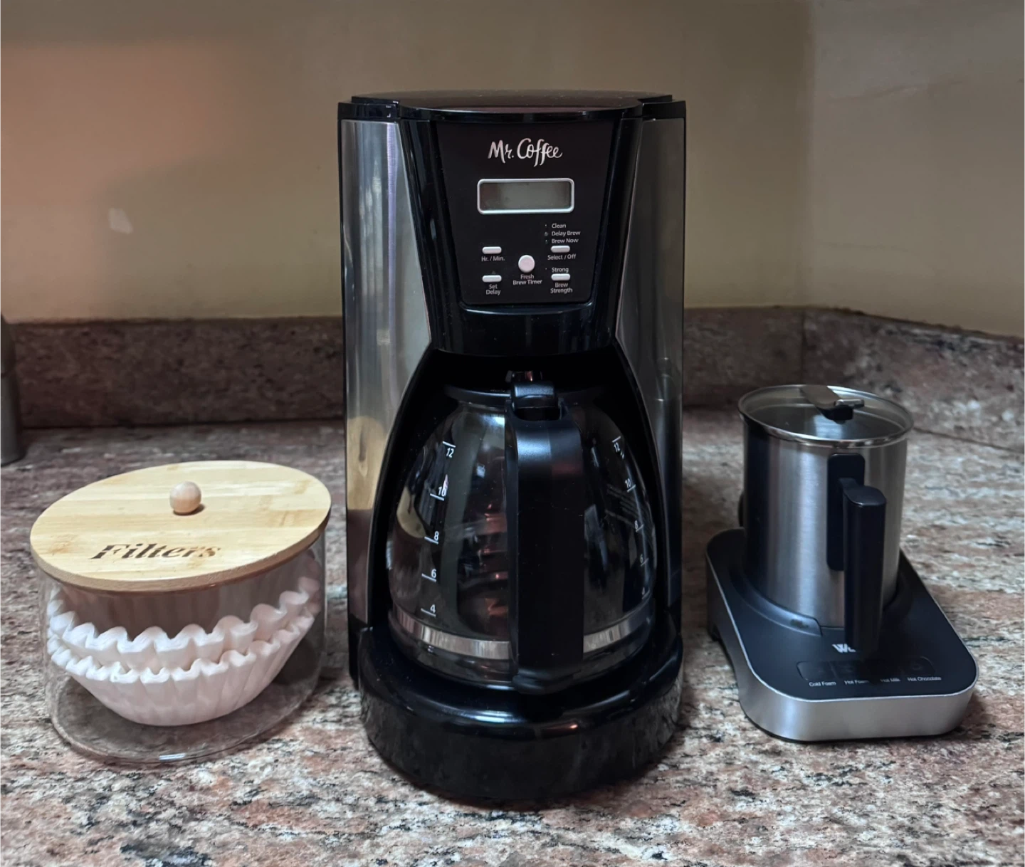 Mr. Coffee Maker with Milk Frother and Filters Container