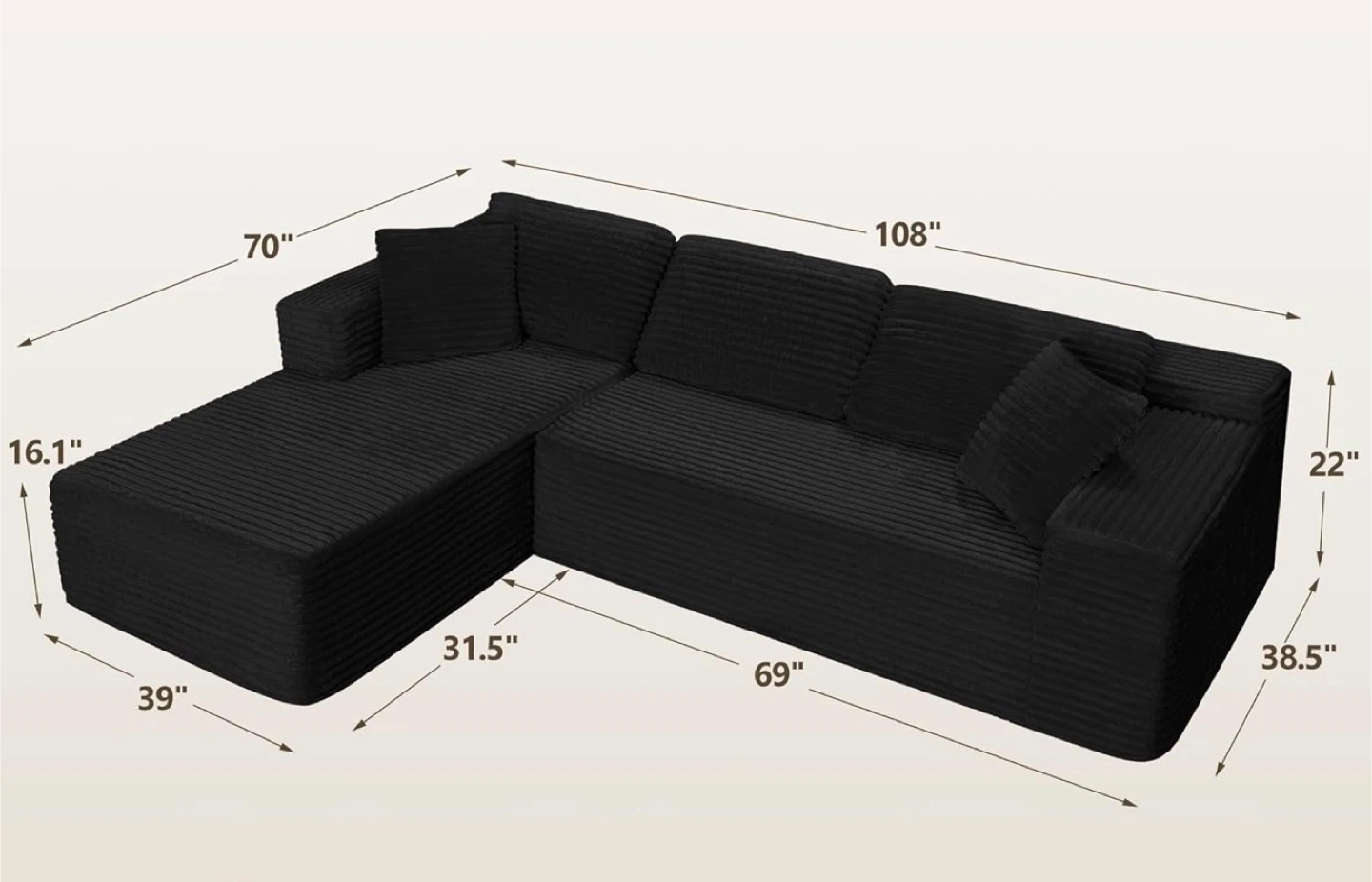 Black Sectional Sofa - 108" x 70"