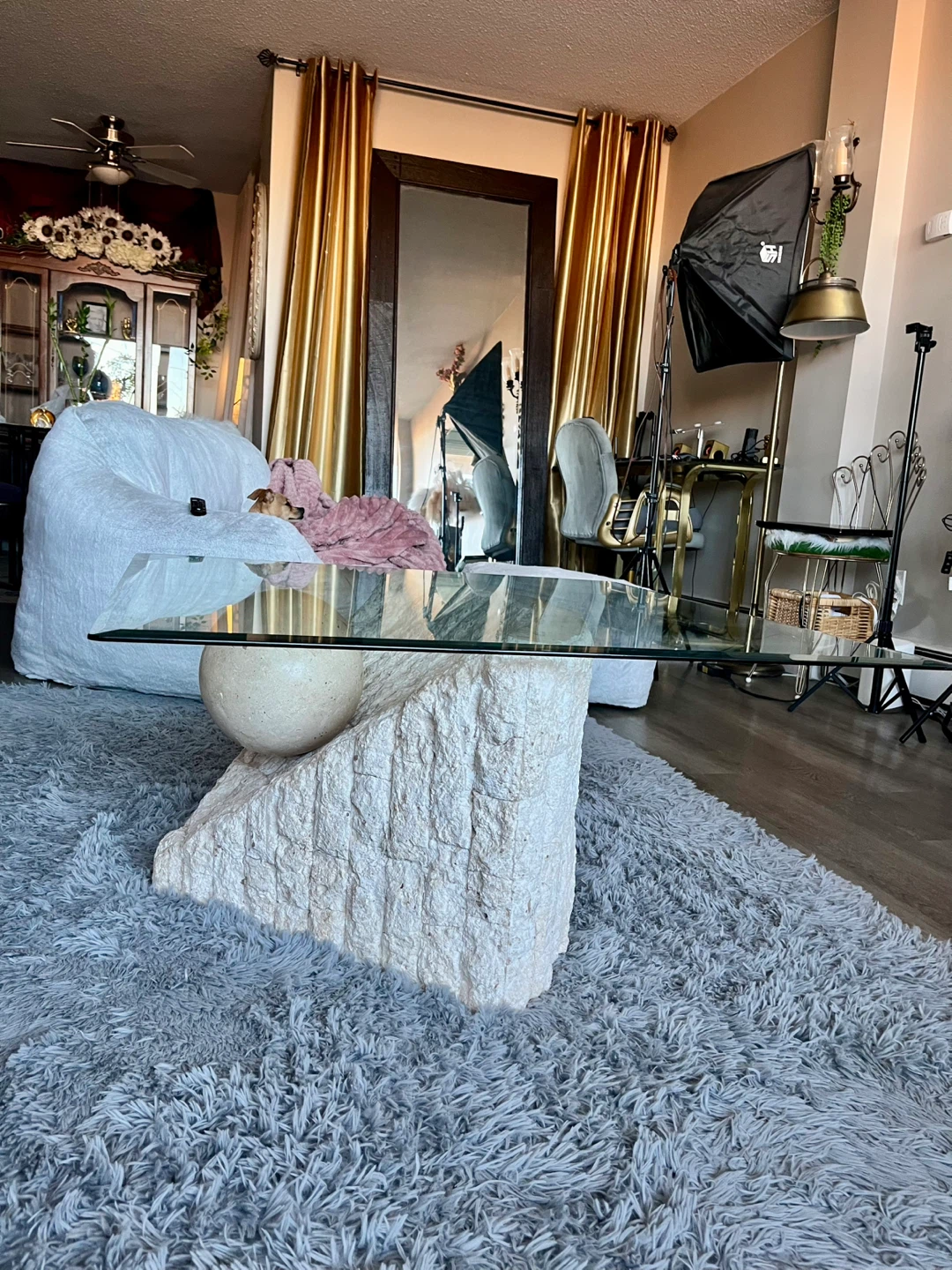 Glass Coffee Table with Stone Base