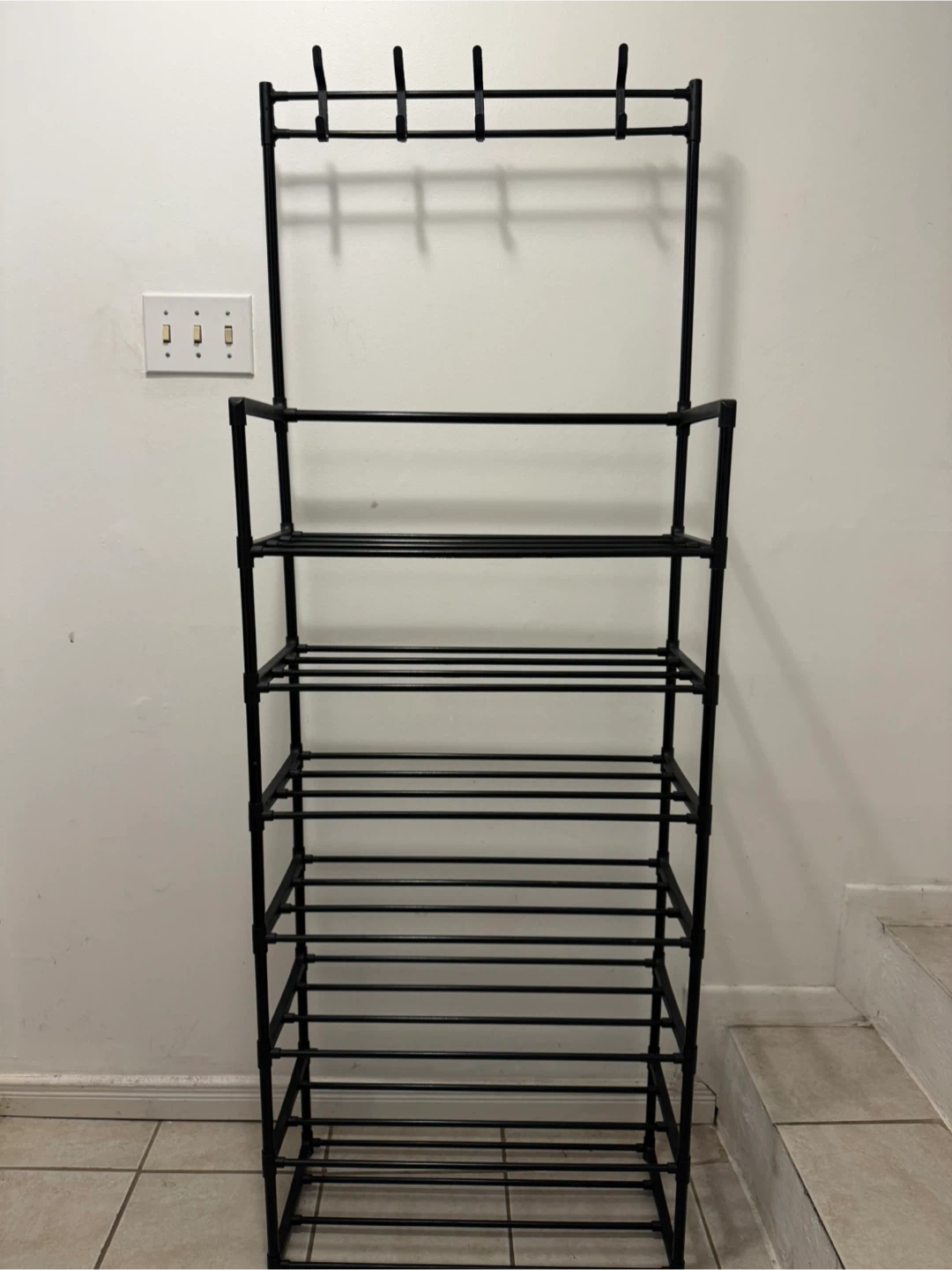 Black Metal Shoe Rack with Coat Hooks