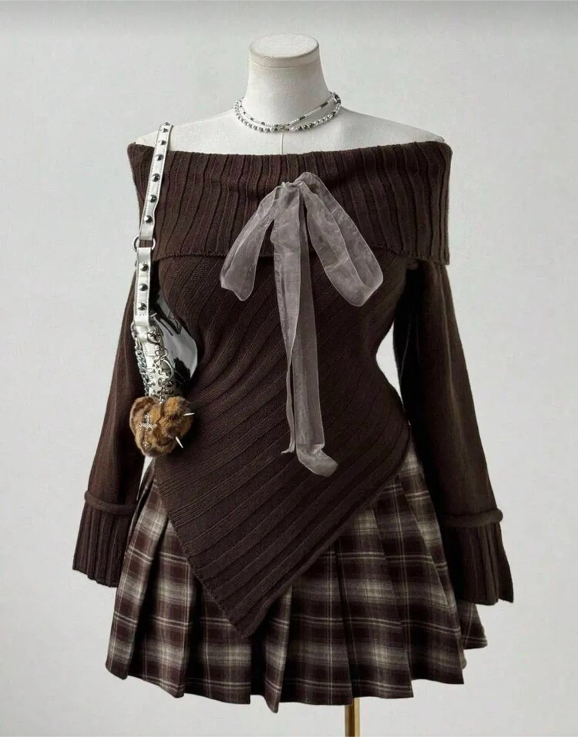 Brown Off-Shoulder Knit Top