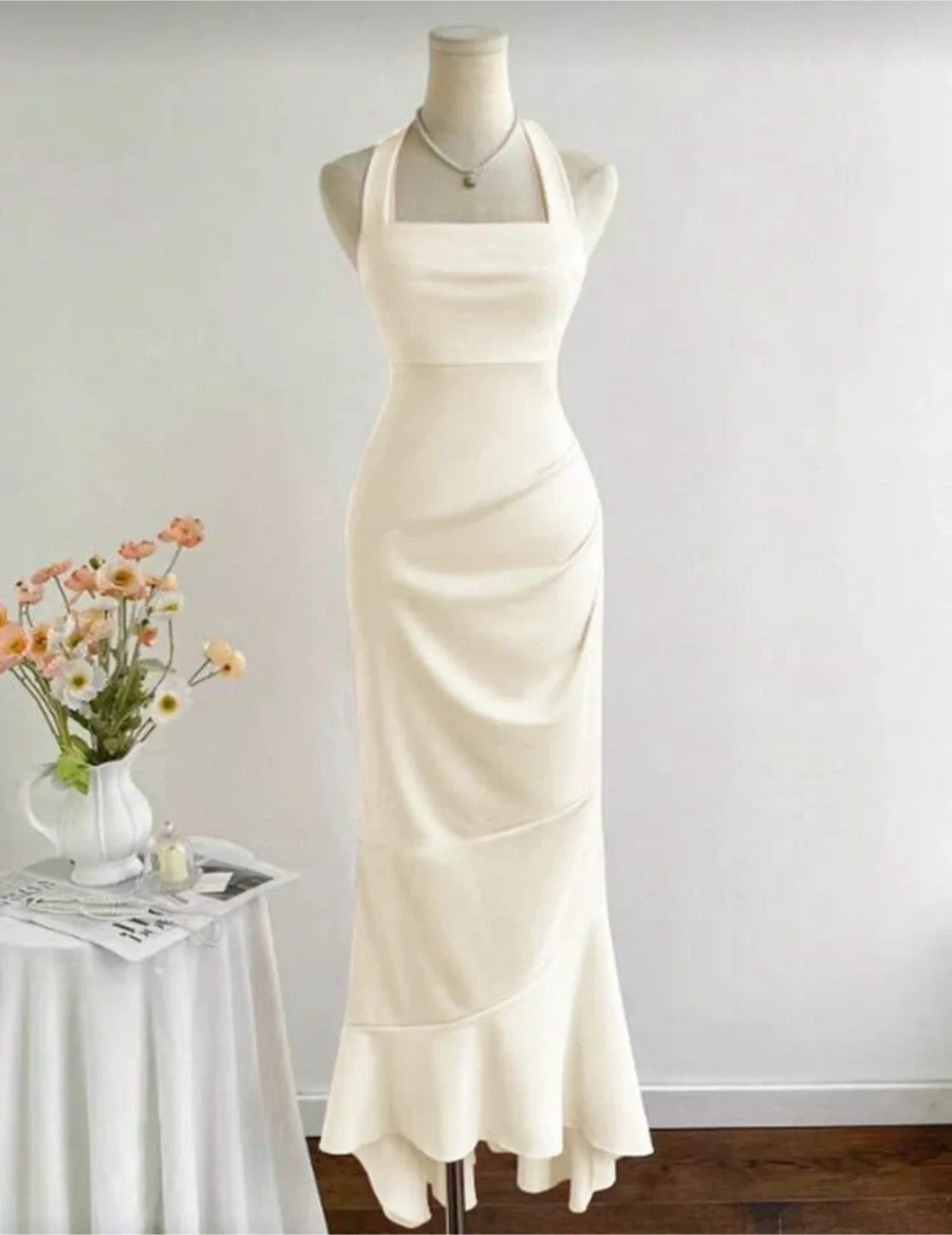 Elegant Cream Halter Neck Maxi Dress