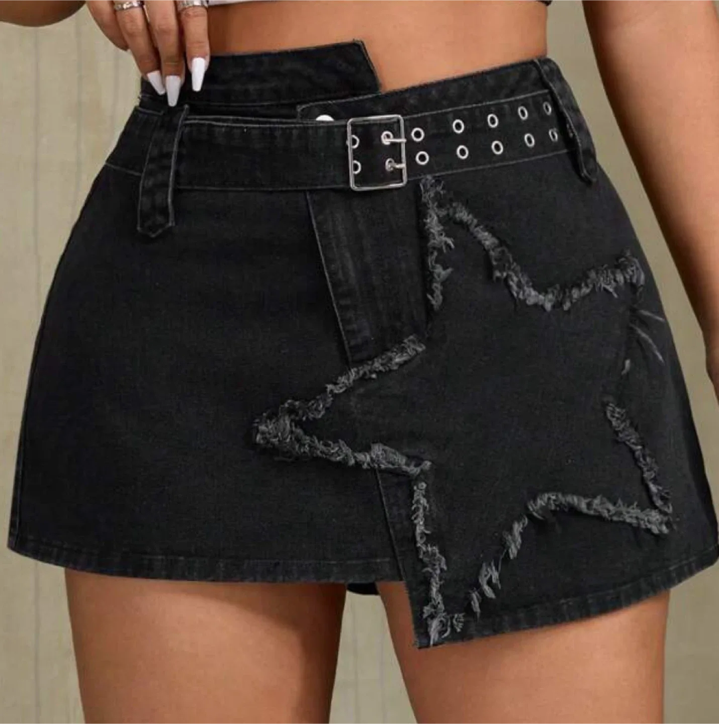 Black Denim Mini Skirt with Star Detail