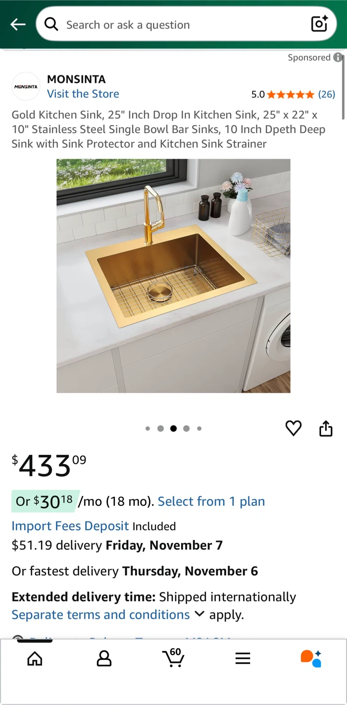 Gold Kitchen Sink 25" x 22" x 10" Stainless Steel Drop-In NEW